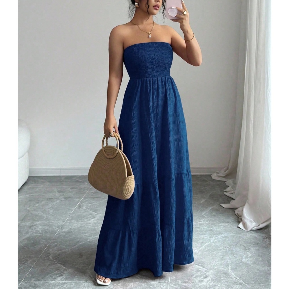 Strapless Maxi Dress Long Blue Shirred Top Flared